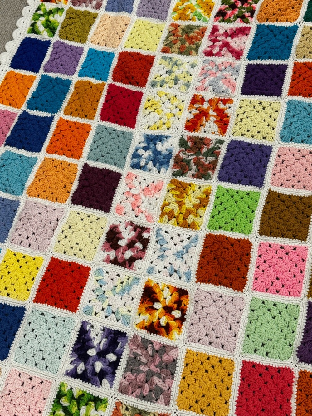 Vtg Handmade Granny Square Crochet Blanket Multicolor White Cottagecore 60x47